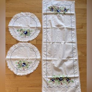 Embroidered Dresser Scarf Runner and Doily Set. New. Bucilla